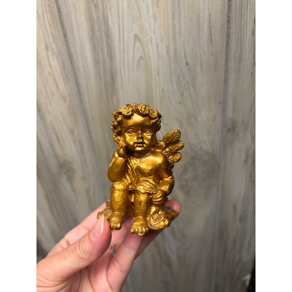 Vintage Gold Cherub Angel Figurine Small Taper Candle Holder Decorative Statue